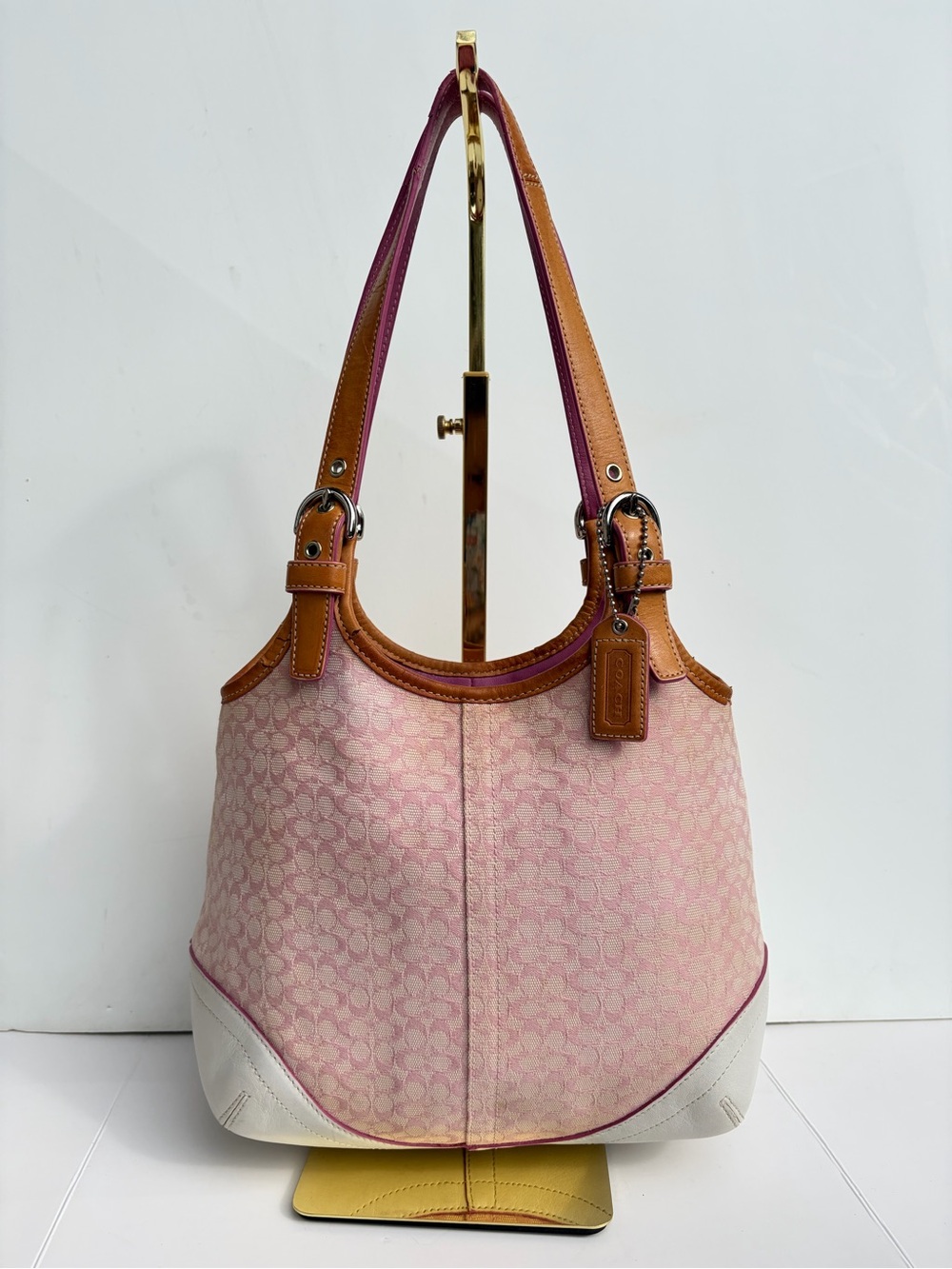 Vintage COACH 7025 Pink Signature Jacquard Soho Hobo Bag White Tan Leather Y2K
